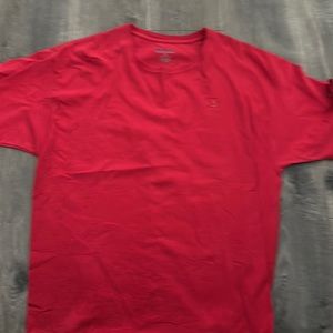 Red champion shirt with champion logo imprinted on the shirt